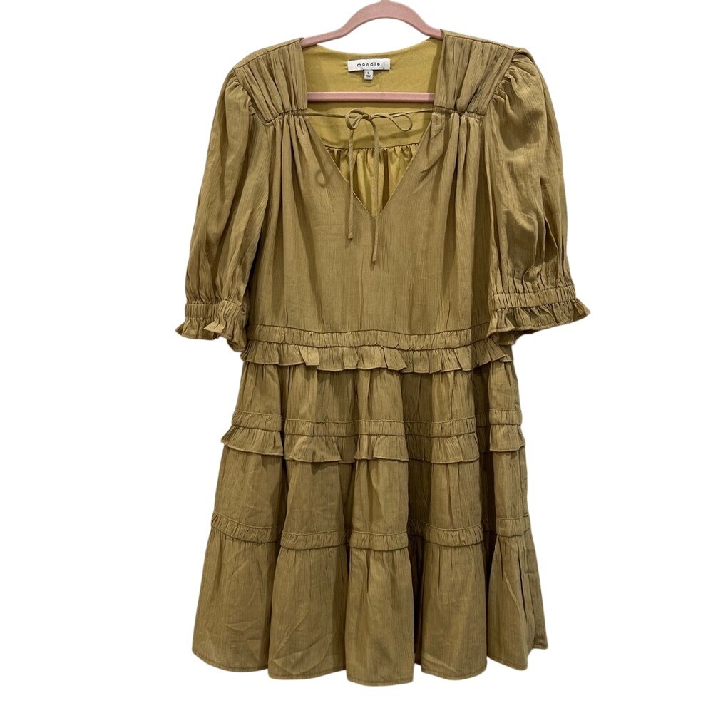 Moodie Tiered Mini Dress tan, short sleeve Large Western Spring‎